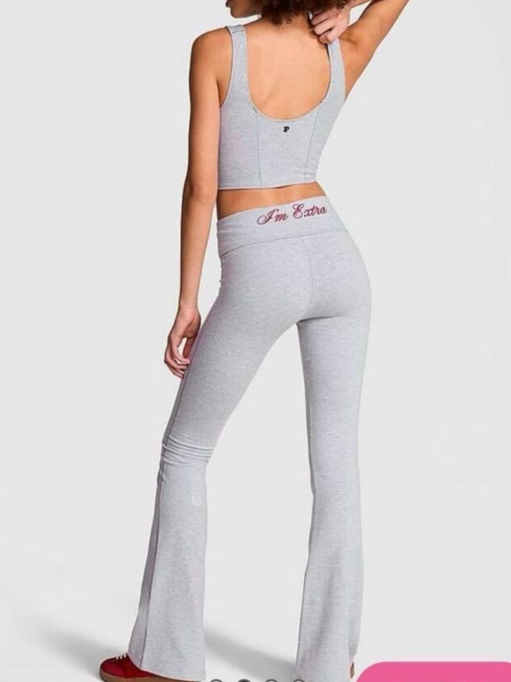 PINK VS I’m Extra embroidered Gray Flared fold over waist leggings size Large